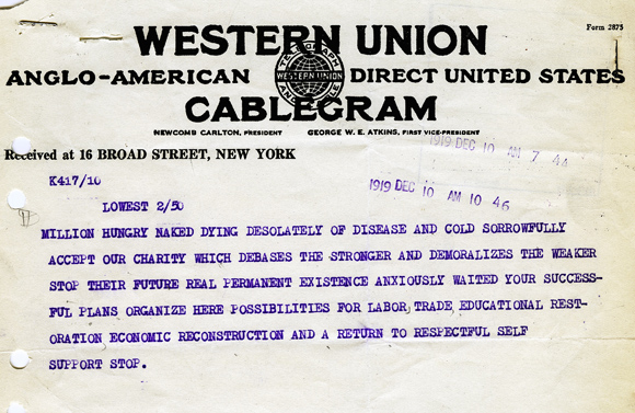 Through 1919 and 1920, repeated incursions by warring armies tore down first attempts at rebuilding. Still, a prevailing belief in self support is clearly expressed in this telegram from Poland. <em>AR 19-21, File 189</em>.