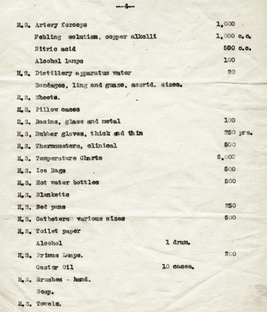 Along with this April 1920 list of hospital supplies needed for Ukraine, JDC's Medical Director, Dr. Harry Plotz, advised a large expansion of essential services. <em>AR 19-21, File 255.1</em>.