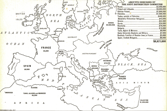 JDC raised almost $9 million by 1917. This map showed how the money had been spent. U.S., 1917, <em>Bulletin of the Joint Distribution Committee, November 1917</em>. 