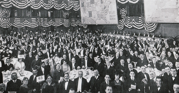 Jewish War Relief Workers from all over America met in New York on October 28, 1917, probably the most representative gathering of Jews in America at the time. Meeting on a day which U.S. President Wilson had designated for prayer for the Armed Forces, participants resolved: to make every personal sacrifice in defense of the ideals of our country. U.S., 1918, <em>Four Years of Relief and War Work by the Jews of America, 1914-1918, by Morris Engelman</em>.
