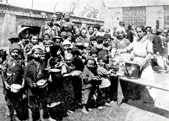 Through the European Children's Fund, JDC assisted needy orphans on a non-sectarian basis. During 1919-1920, it contributed $200,000 to the Fund for orphans in Hungary. At the largest feeding station, a former leather goods factory in Ujpest, 5,000 received a hearty meal daily. <em>AR 19-21, File 150.1.</em>