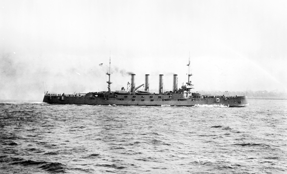Morgenthau also cabled Secretary of State William Jennings Bryan to enlist U.S. government assistance in transporting the funds. The U.S.S. <em>North Carolina</em>, an armored ship, arrived at Jaffa harbor on October 6 carrying supplies and $50,000 in gold to the desperate Jewish population. A later ship brought additional funds and supplies. Mediterranean Sea, c. 1914, <em>Library of Congress, LC-D4-22805</em>.
