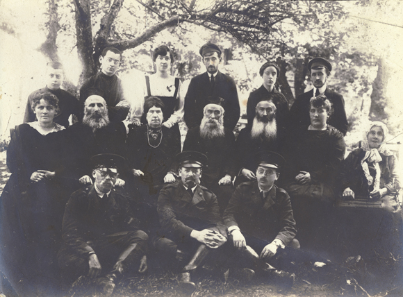 The dangers faced by members of the Overseas Unit became tragically apparent when two JDC workers were murdered. Professor Israel Friedlander and Dr. Bernard Cantor (front center and right) were killed in July 1920, while bringing aid to war and pogrom victims in Ukraine. <em>NY_01698</em>.
