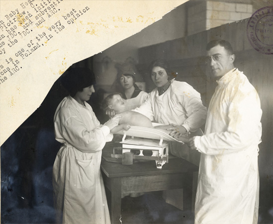 In 1921, JDC's medical and sanitary personnel conducted health surveys and established child care programs in Poland, funded jointly with the American Red Cross. This Jewish Baby Health Station in Piotrkow was considered one of the best. Poland, c. 1921, <em>NY_04244</em>. 