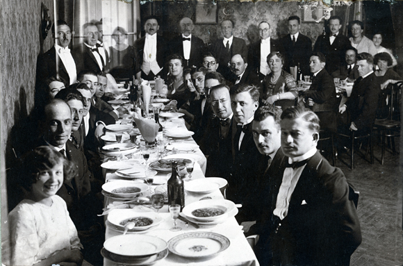 This Unit House dinner for Dr. Bogen was held July 15, 1921, on the cusp of JDC's new era of reconstructive work. In his next report, Bogen wrote: ''There can be no question but that the relief rendered by the J.D.C. to Poland saved thousands and thousands from starvation, sustained the life of institutions, stimulated social organization and served as a moral power, protecting the Jews from their enemies and developing their own spirit which would otherwise have been crushed.'' <em>AR 19-21, File 66</em>. Poland, c. 1921, <em>NY_05143</em>.
