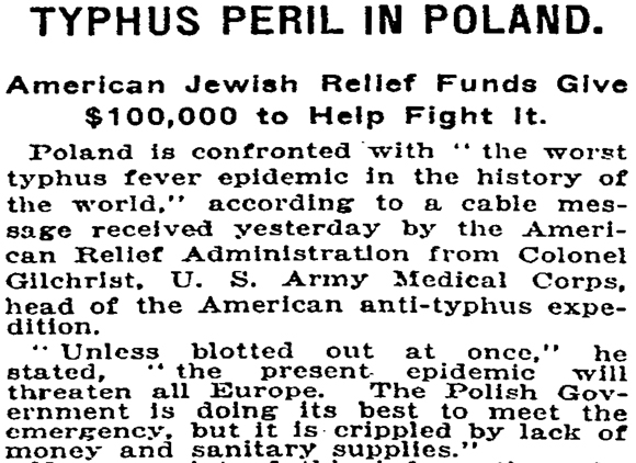 In March 1920, JDC began supplying funds for coal to run the U.S. Army Medical Corps' delousing plants used in its non-sectarian anti-typhus mission in Poland. <em>New York Times, March 5, 1920</em>.