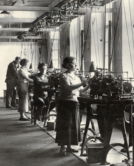 Electrification increased the need for workers skilled in using motorized equipment and schools to train them. Agro-Joint introduced dental production to the Soviet Union. Learning such intricate skills gave these students in a Kiev factory school the means for financial security in a society focused on industry. By 1935, when the government took over Agro-Joint’s factory schools, there were 42 of them. Ukraine, c. 1933-35, <em>NY_00558</em>.