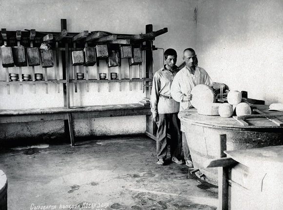 Agro-Joint helped launch dozens of cheese-making cooperatives in Jewish settlements. It supplied equipment for hygienic production. Experts from Switzerland trained colonists in how to make Swiss cheese. The cooperatives sold their cheese through Government export trusts to outside markets as far away as Turkey. Novaya Zaria Colony's cheese-making factory in the Biuk Onlar region. Crimea, 1931, <em>NY_43519 (from YIVO)</em>.