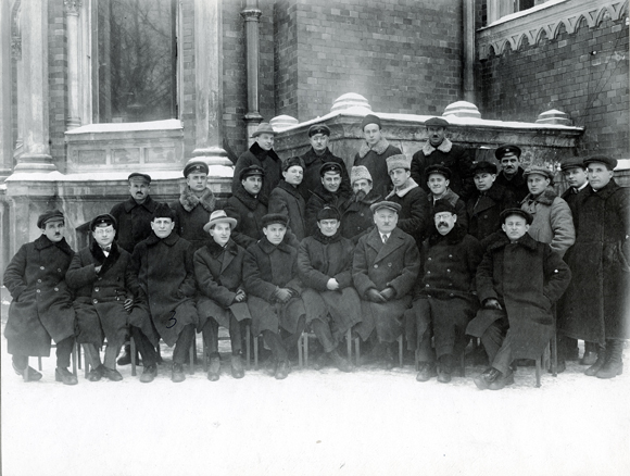 The early enthusiasm for Agro-Joint was ultimately replaced by grim and painful disillusionment. In 1937-1938, hundreds of Agro-Joint officials, agronomists, colonists, and physicians were arrested for “counter-revolutionary activities;” many were executed or died in prison. Six attendees at this 1927 Agro-Joint conference in Moscow, would be killed during the Great Terror for “political crimes”: among them, Agro-Joint’s Medical Director, Dr. Zinovy Serebryanny [front, first left]; its Industrial Department Director, Ezekiel Grower [front, third left], and its Chief Agronomist and Assistant Director, Samuil Lubarsky [front, second right]. Russia, 1927, <em>NY_43644 (from YIVO)</em>.