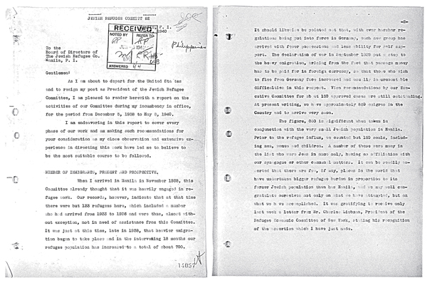 First two pages of May 1940 report written by Alex Frieder, president of the Jewish Refugee Committee in Manila, regarding rescue activities for Jews in the Philippines