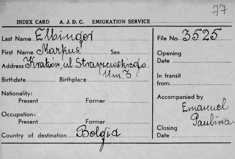 Undated index card from JDC’s Warsaw Emigration Service featuring the Elbinger family.