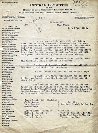 To avoid duplication, the American Jewish Relief Committee and the Central Committee met to unite their efforts. A November 27, 1914 letter noted their agreement. Both agencies would place their independently raised funds in the hands of the Joint Distribution Committee of Funds for Jewish War Sufferers (generally known as the Joint Distribution Committee, or JDC), which would represent them equally in deciding how to spend the money. <em>AR 14-18, File 1.1</em>.