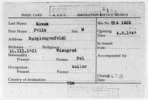 The emigration service index card of Felix Kozak, the grandfather of JDC staffer Gila Ward Menda.